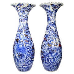 Antique Impressive Pair 19th Century Japanese Meiji Period Export Blue Porcelain Vases