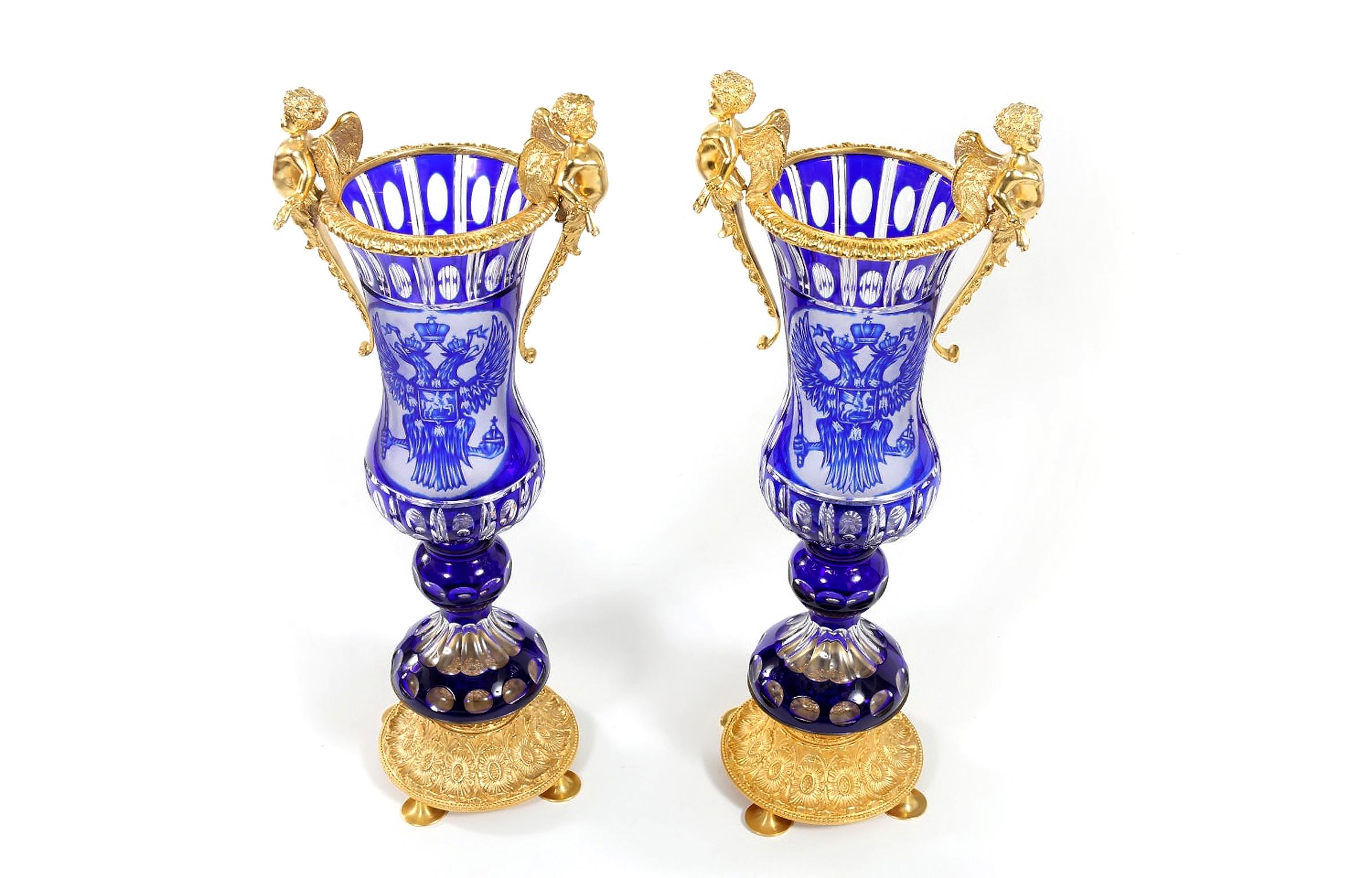 Empire Impressive Pair Bronze Mounted / Cut Crystal Vases