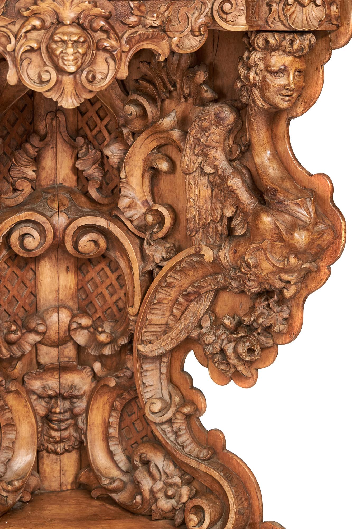 Impressive Pair C19th Italian Limewood Carved Corner Shelves For Sale 6