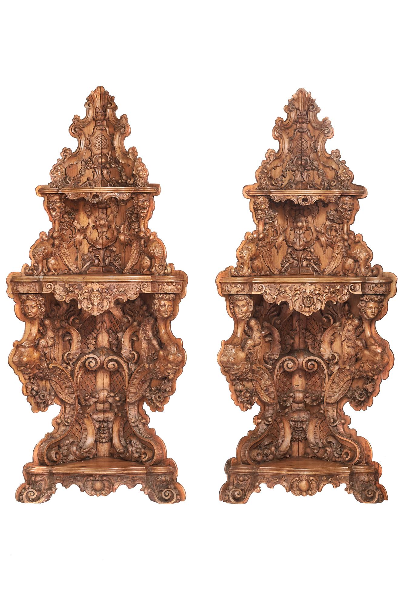 Impressive pair C19th Italian limewood carved Corner shelves
Carving in the Renaissance & Baroque manner, 
Fine Limewood carved, mask heads, Mythical Creatures, floral & leaf carving,
exceptional fine detailed carving
Pine Back boards, fixed