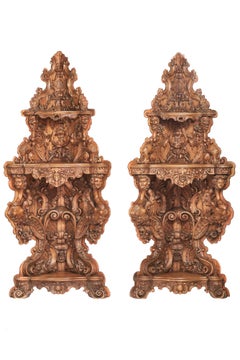 Impressive Pair C19th Italian Limewood Carved Corner Shelves