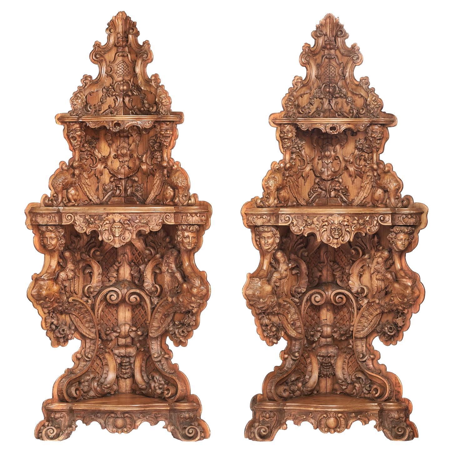Impressive Pair C19th Italian Limewood Carved Corner Shelves For Sale