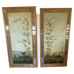 Impressive Pair Chinese Landscape Panels in Maginificent Glass & Gilded Frames