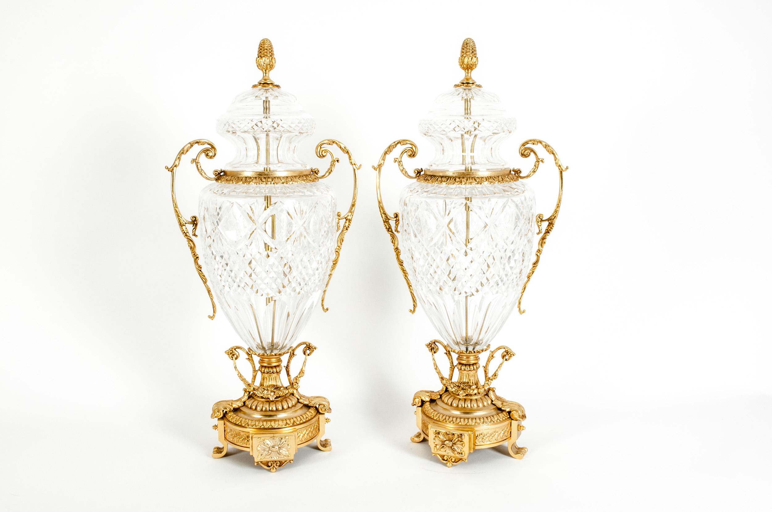 French Impressive Pair of Footed Gilt Bronze-Mounted / Cut Crystal Urns