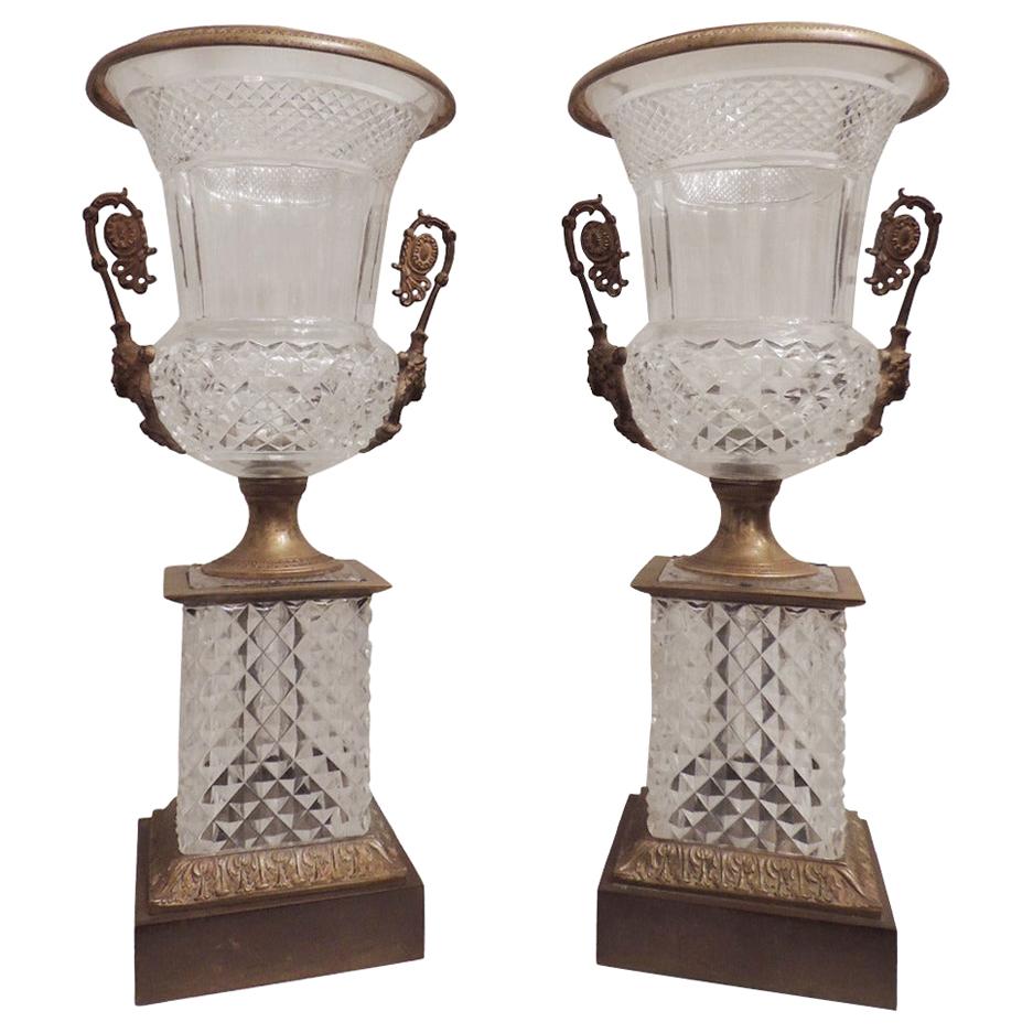 Impressive Pair French Cut Crystal and Doré Bronze Figural Ormolu-Mounted Urns