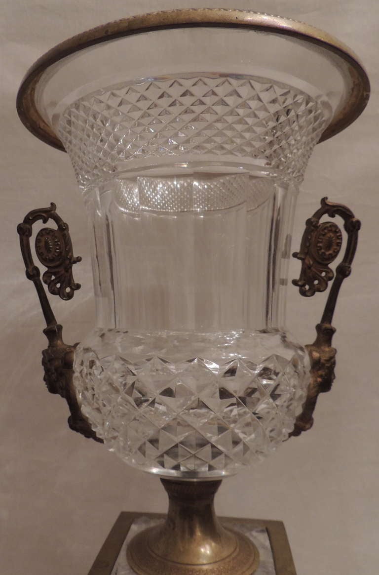 Regency Impressive Pair French Cut Crystal and Doré Bronze Figural Ormolu-Mounted Urns For Sale