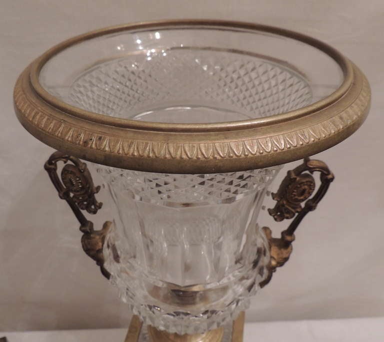 Impressive Pair French Cut Crystal and Doré Bronze Figural Ormolu-Mounted Urns In Good Condition For Sale In Roslyn, NY