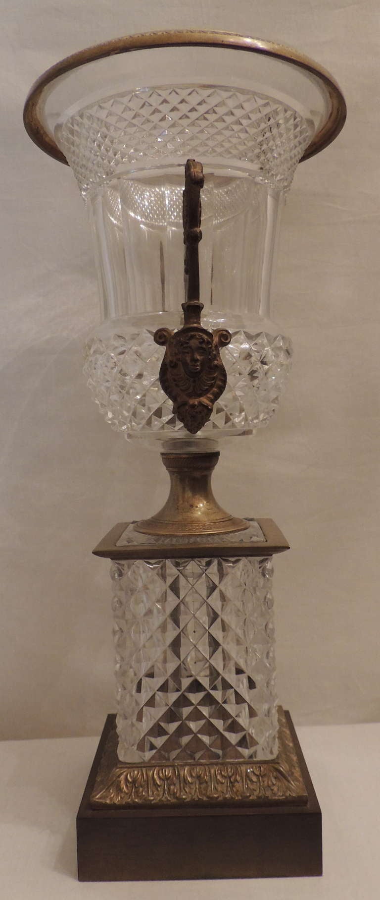 Impressive Pair French Cut Crystal and Doré Bronze Figural Ormolu-Mounted Urns For Sale 1