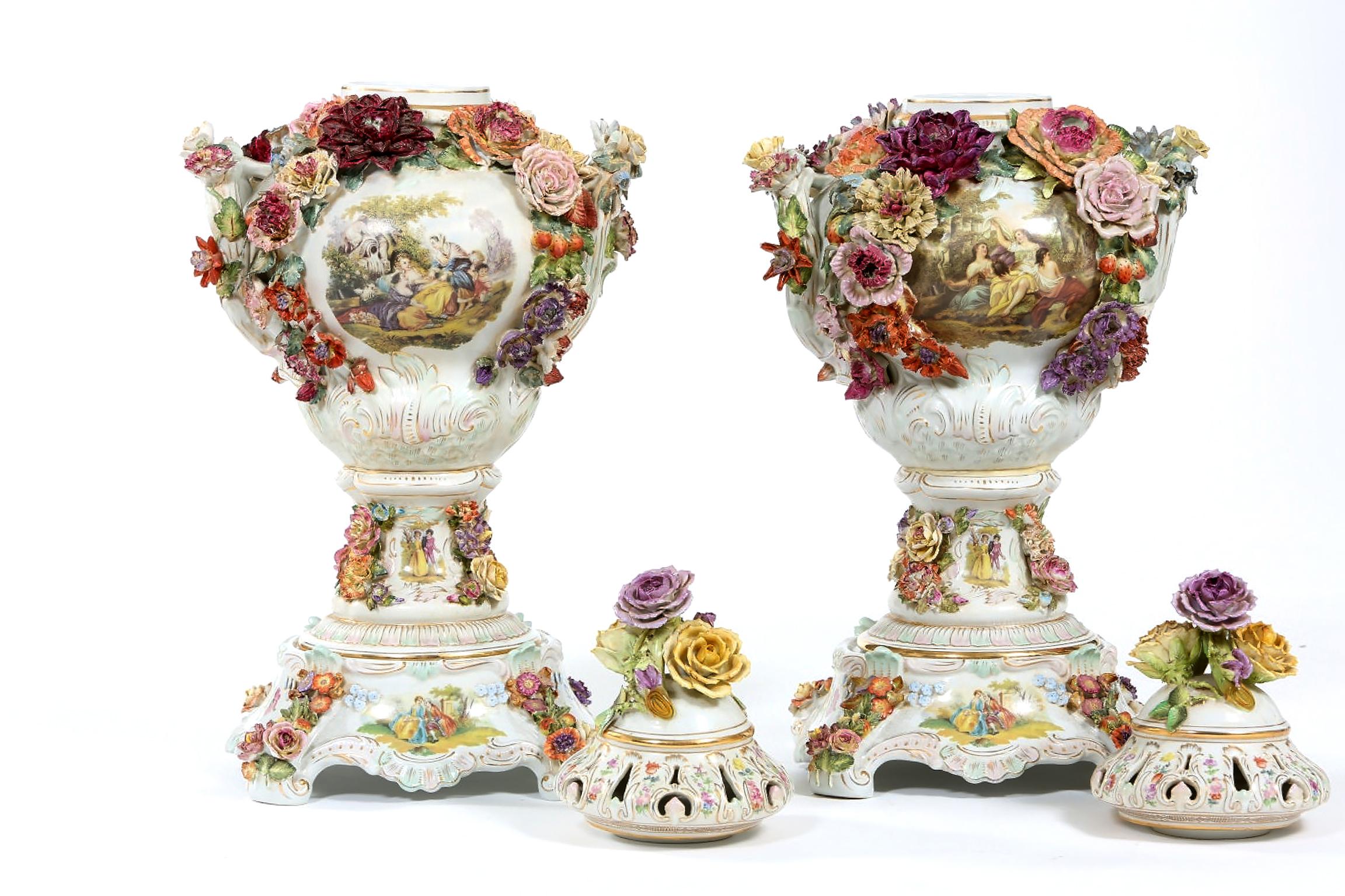 Hand-Painted Impressive Pair German Porcelain Covered Urn / Centerpieces