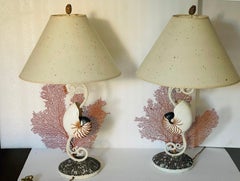 Impressive Pair Nautilus Sea Shell with Red Fan Lamps