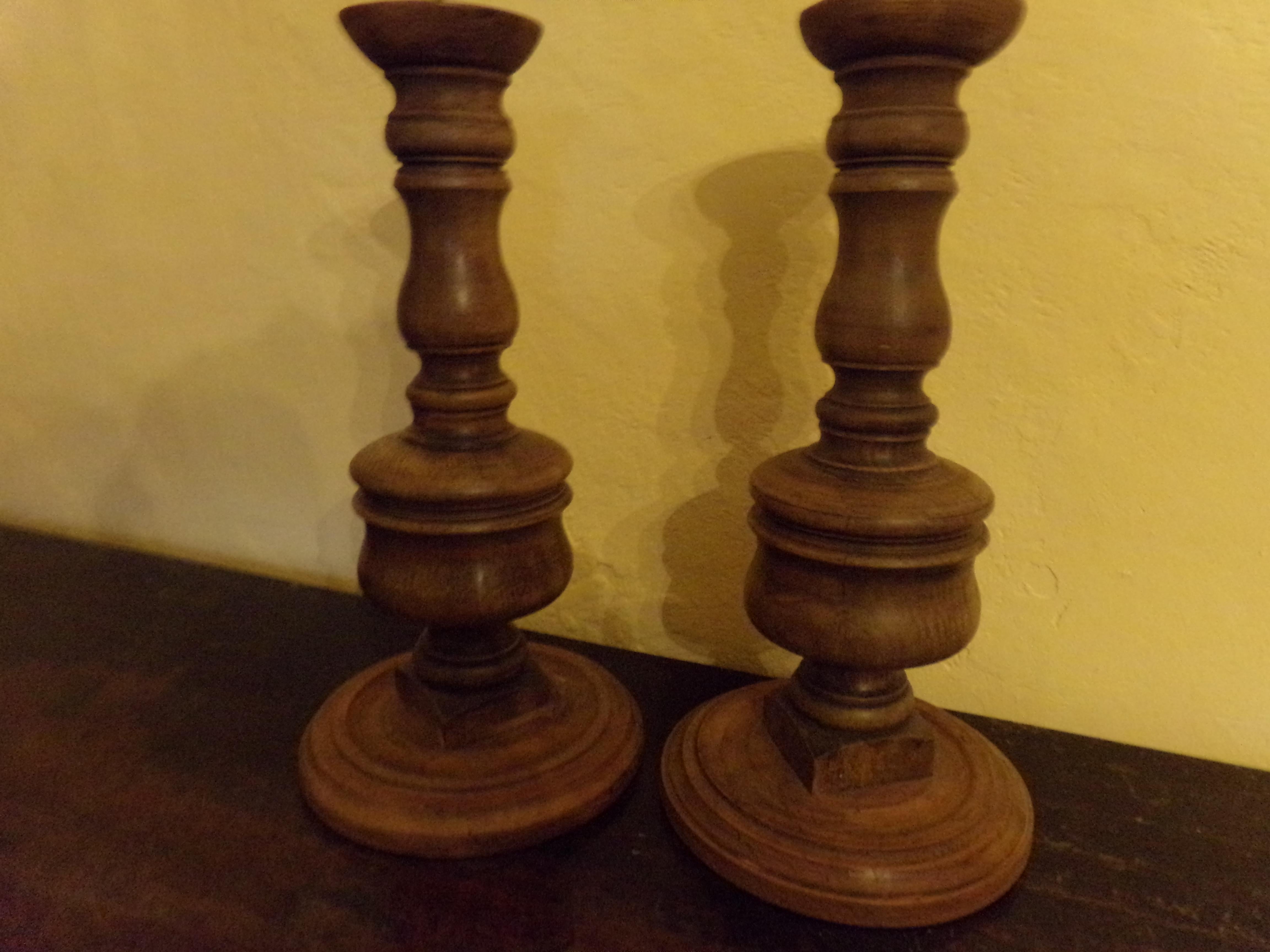 Beautiful pair of impressive pricket candlesticks of turned walnut beautifully crafted from original circa 1890s wood turnings. Our craftsman has retained all the original patination. A beautiful holiday gift for all the family!
We are listing five