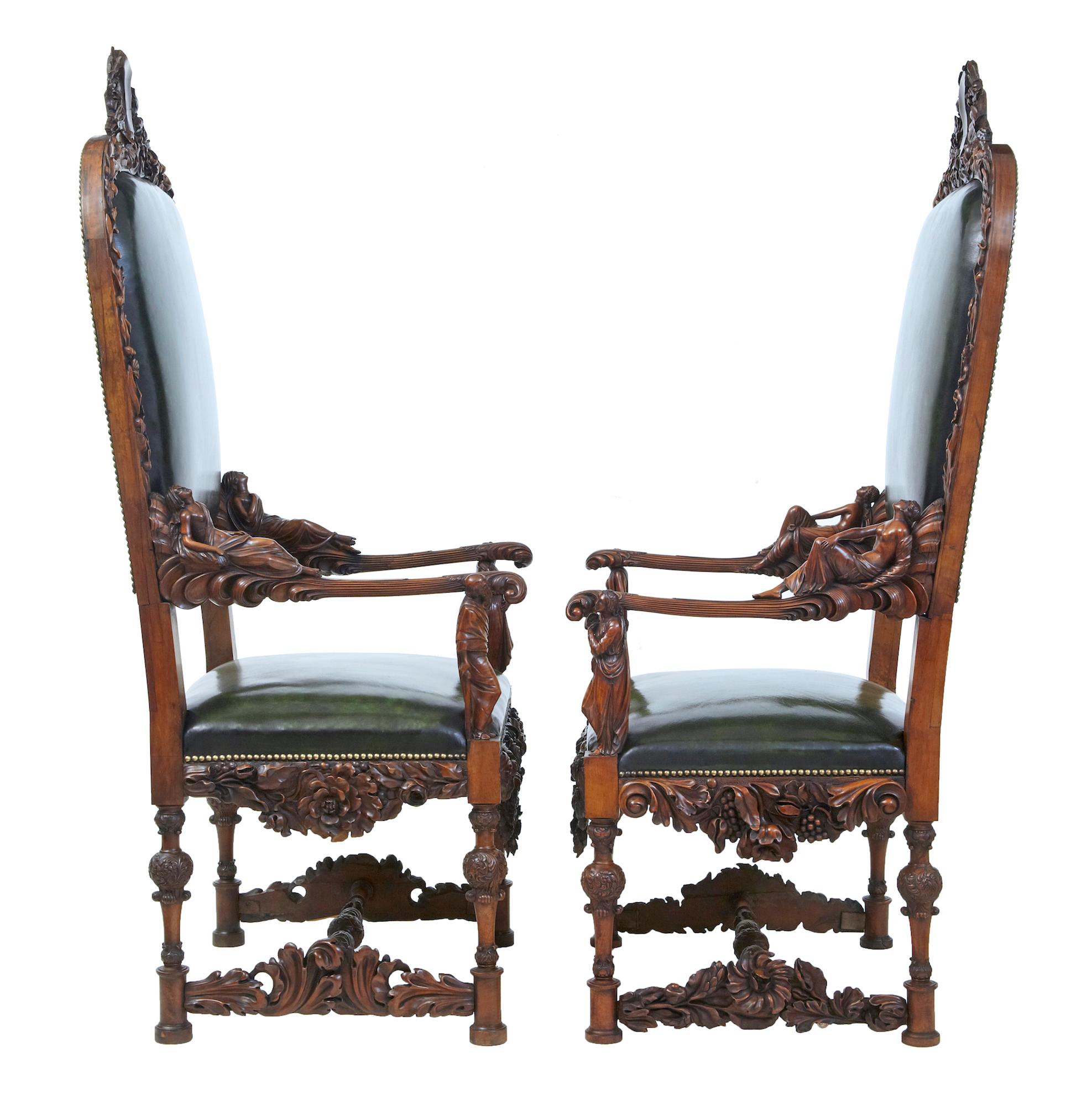 Renaissance Revival Impressive pair of 19th century carved walnut Florentine renaissance armchairs
