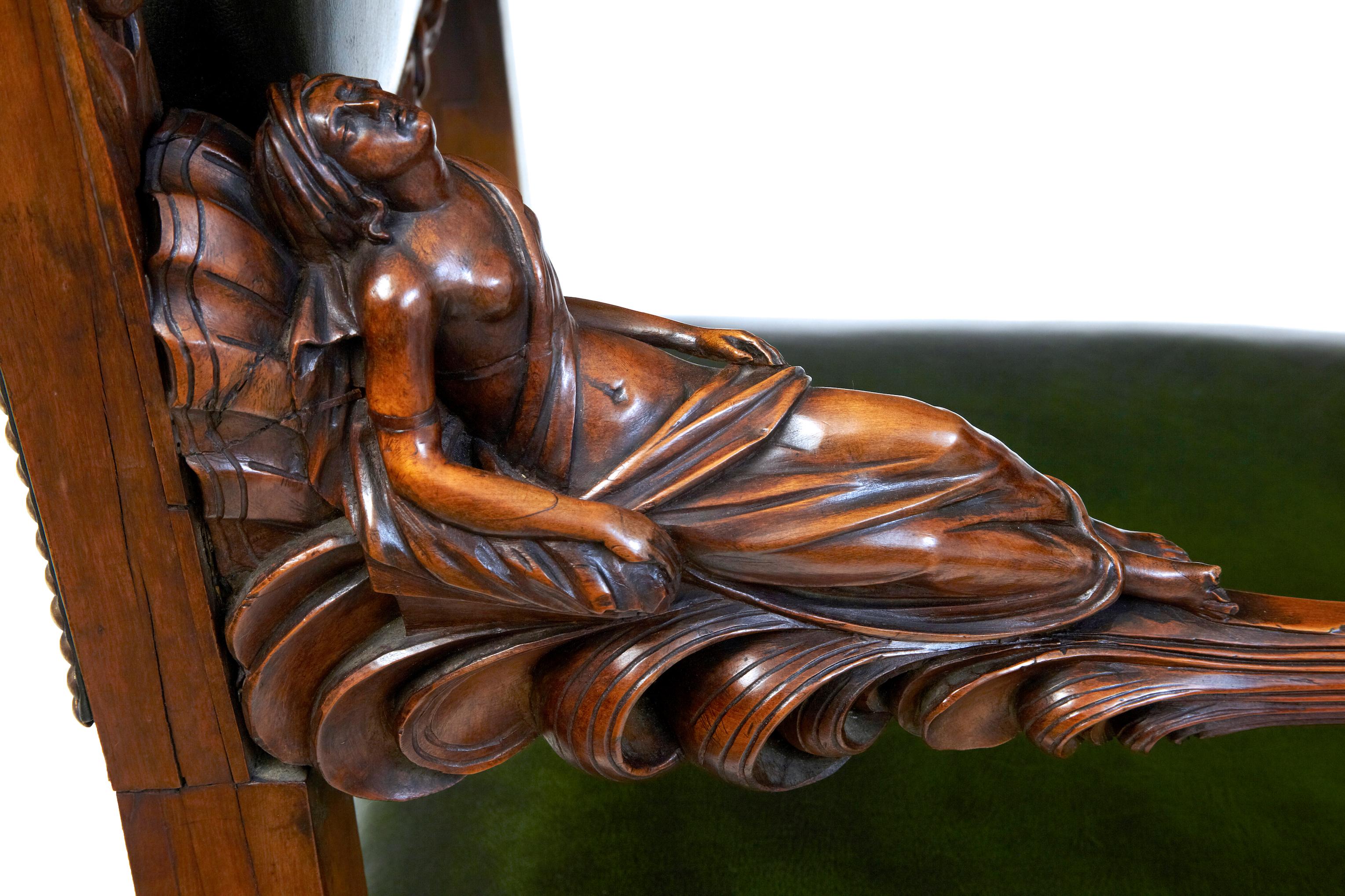 Italian Impressive pair of 19th century carved walnut Florentine renaissance armchairs