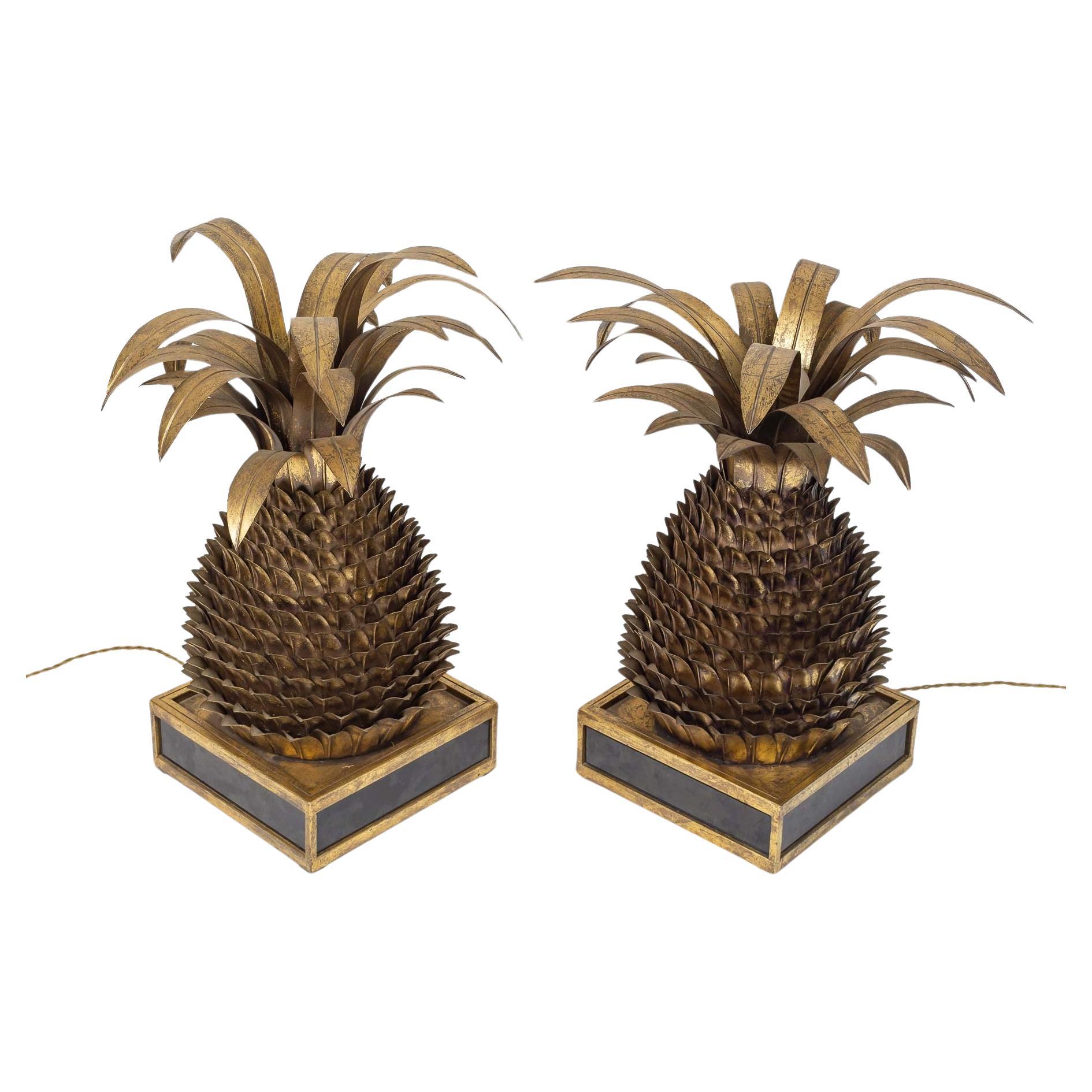 Impressive Pair of Table Lamps “Ananas”, Attributed to Maison Jansen, France, ca 1970
Pineapple brass table pair of lamps from the 1960/70s in France attributed to Maison Jansen. 
Artfully made of brass, this elaborate worked model of table lamp is