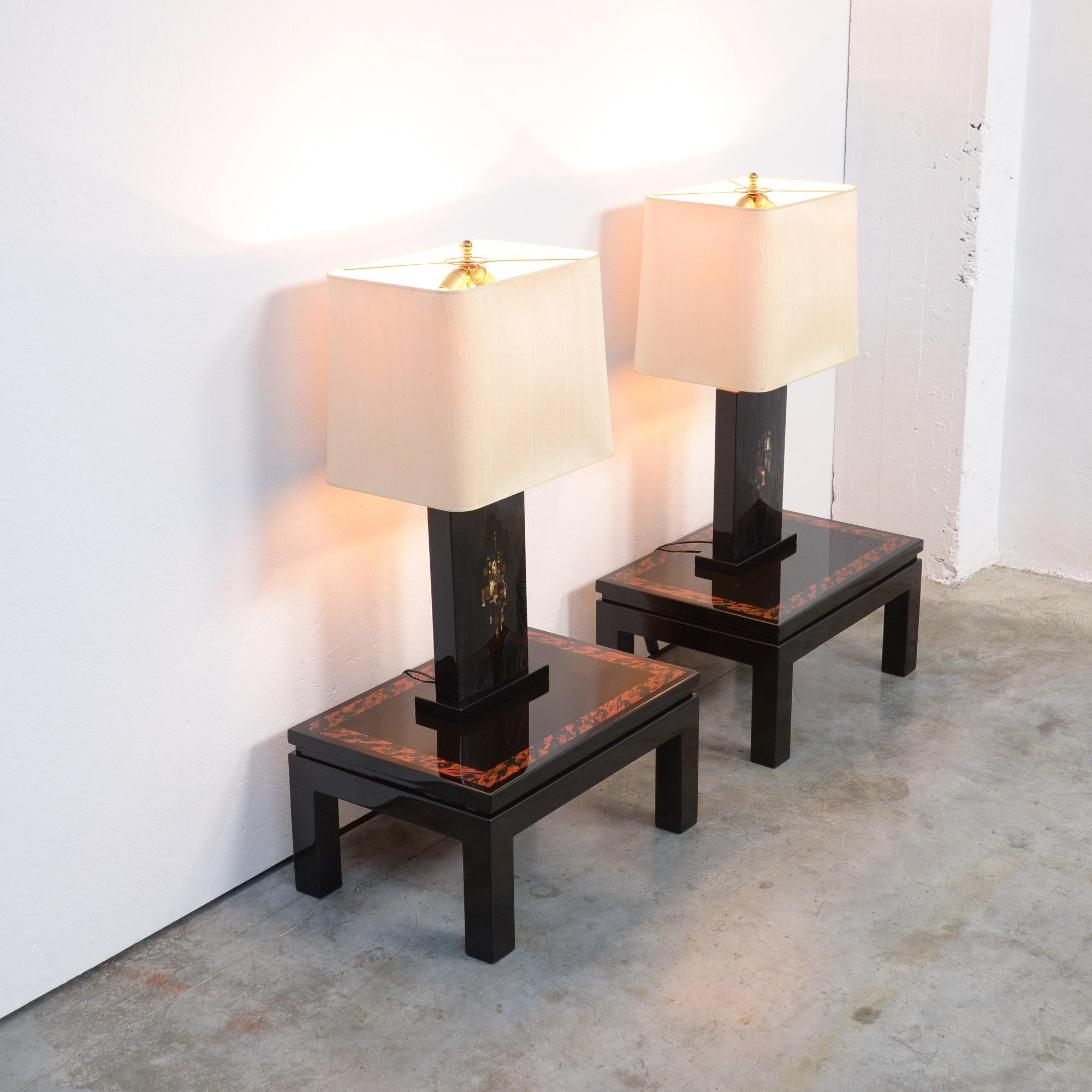 Modern Impressive Pair of Black Lacquered Table Lamps by Jean Claude Dresse For Sale