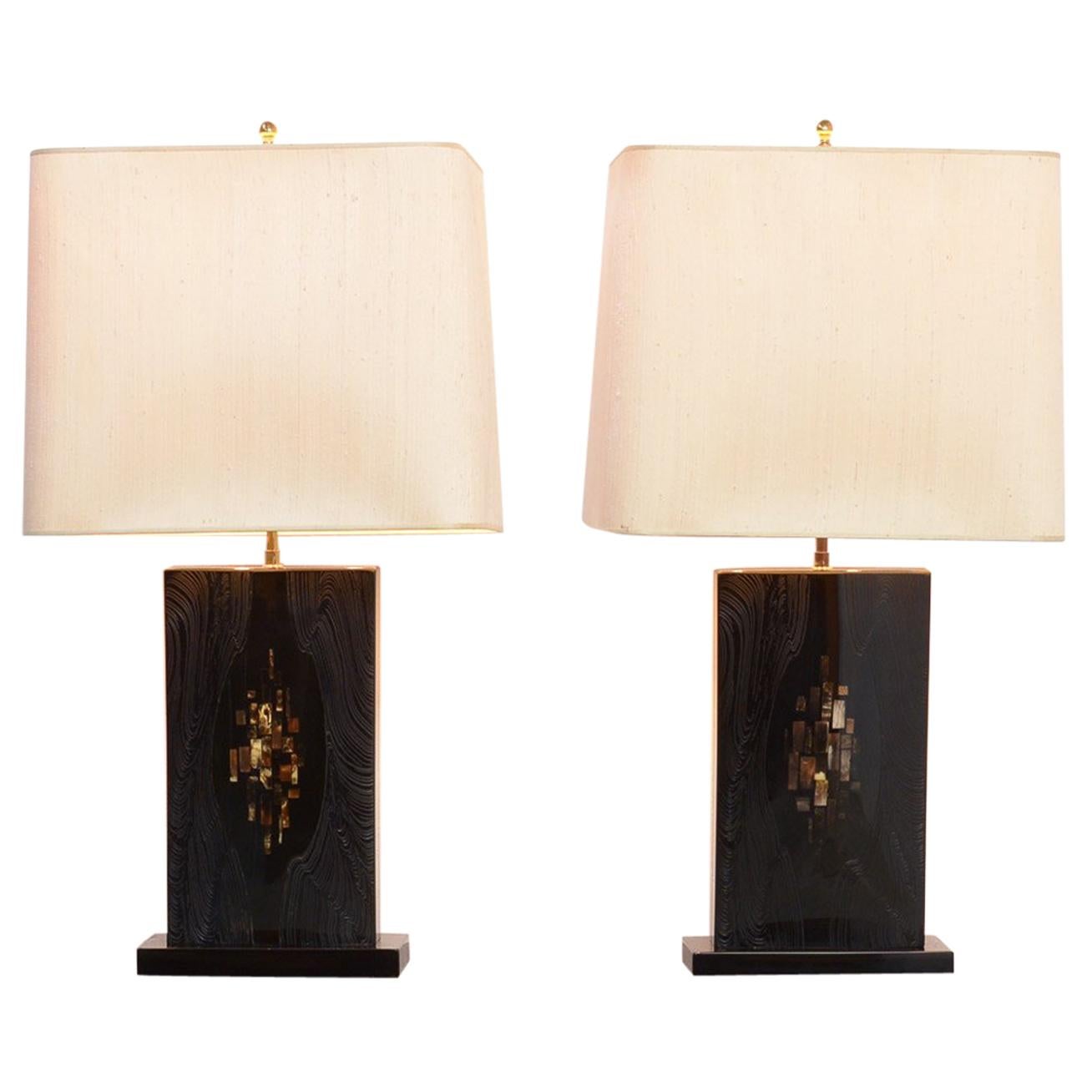 Impressive Pair of Black Lacquered Table Lamps by Jean Claude Dresse