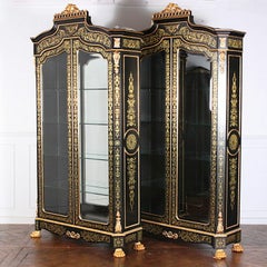 Impressive Pair of Boulle Style Black Lacquer + Gilt Cabinets