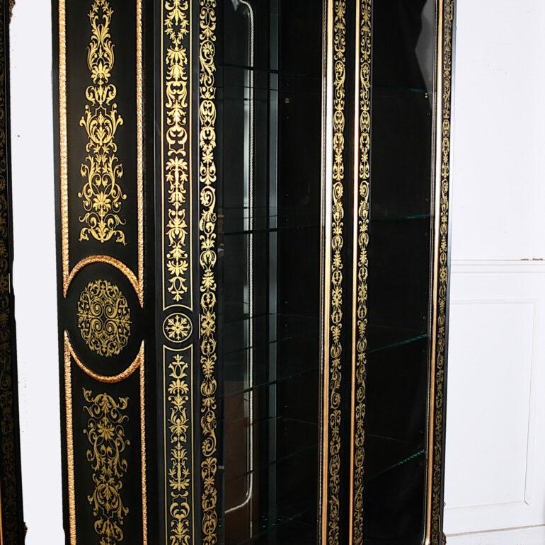 Louis XIV Impressive Pair of Boulle Style Black Lacquer + Gilt Cabinets