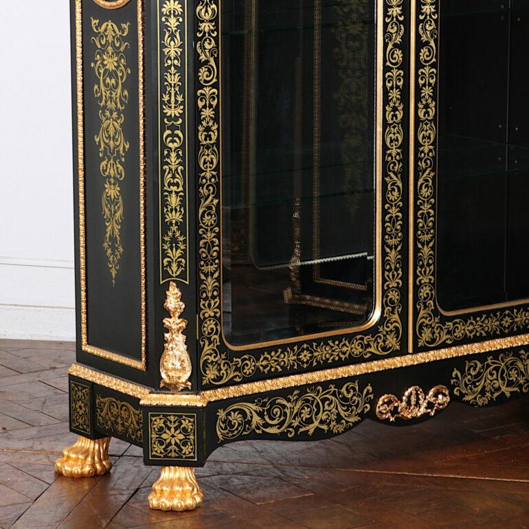 French Impressive Pair of Boulle Style Black Lacquer + Gilt Cabinets