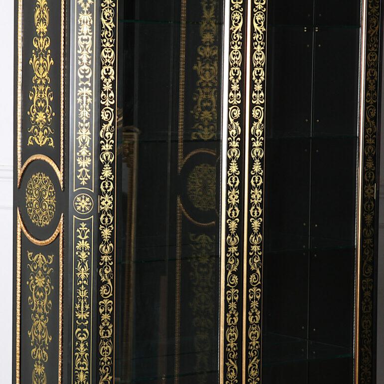 Impressive Pair of Boulle Style Black Lacquer + Gilt Cabinets In Good Condition In Vancouver, British Columbia