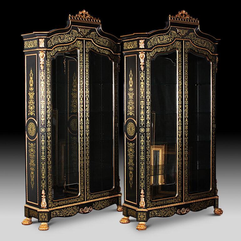 Late 20th Century Impressive Pair of Boulle Style Black Lacquer + Gilt Cabinets