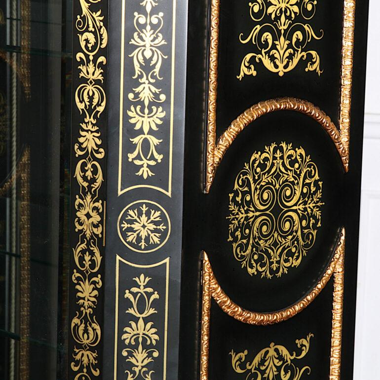 Glass Impressive Pair of Boulle Style Black Lacquer + Gilt Cabinets