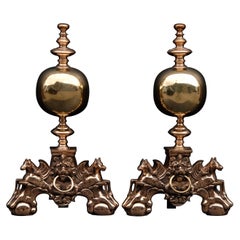 Antique Impressive Pair of Brass Firedogs