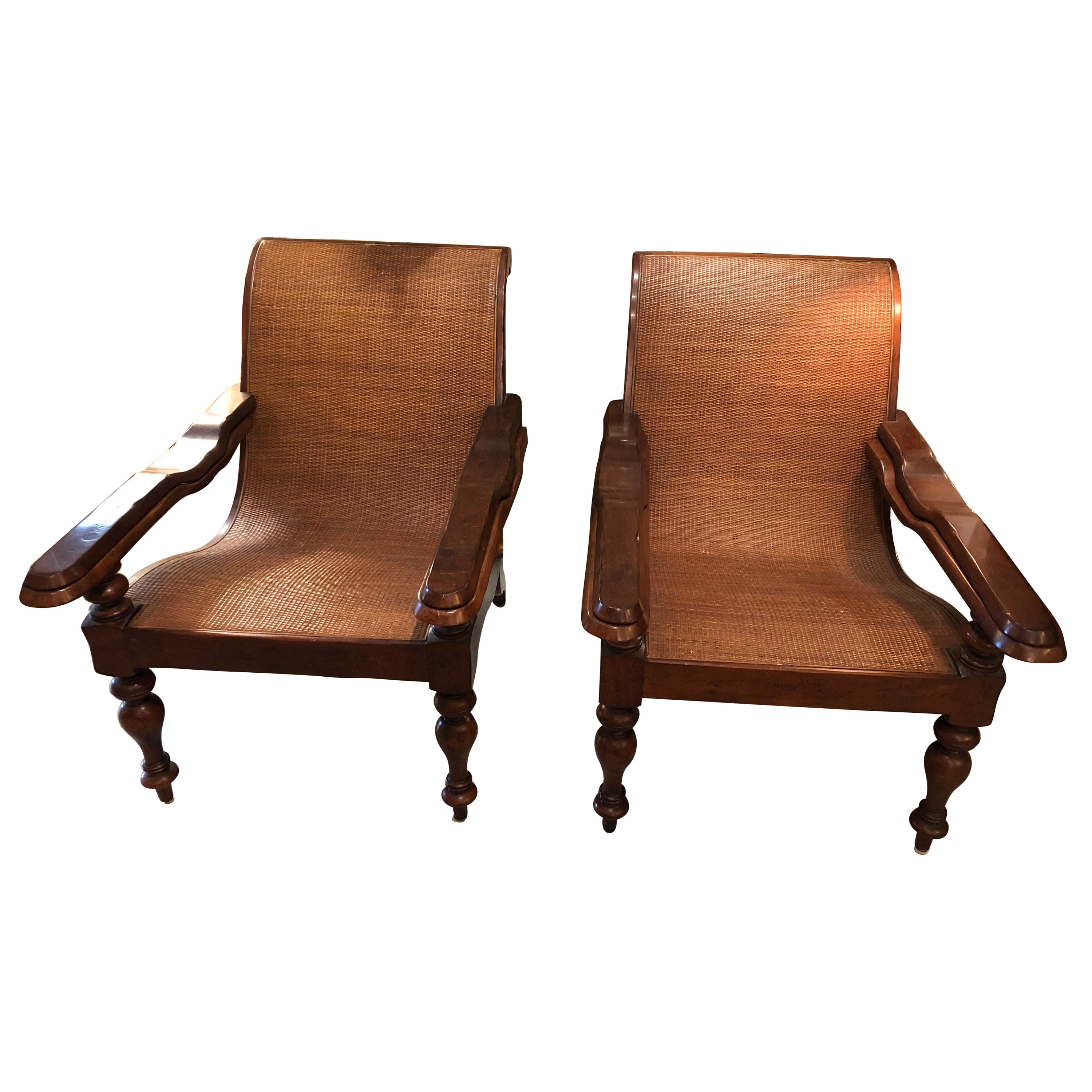 Impressive Pair of British Colonial Classic Wood 
Caned Plantation Club Chairs