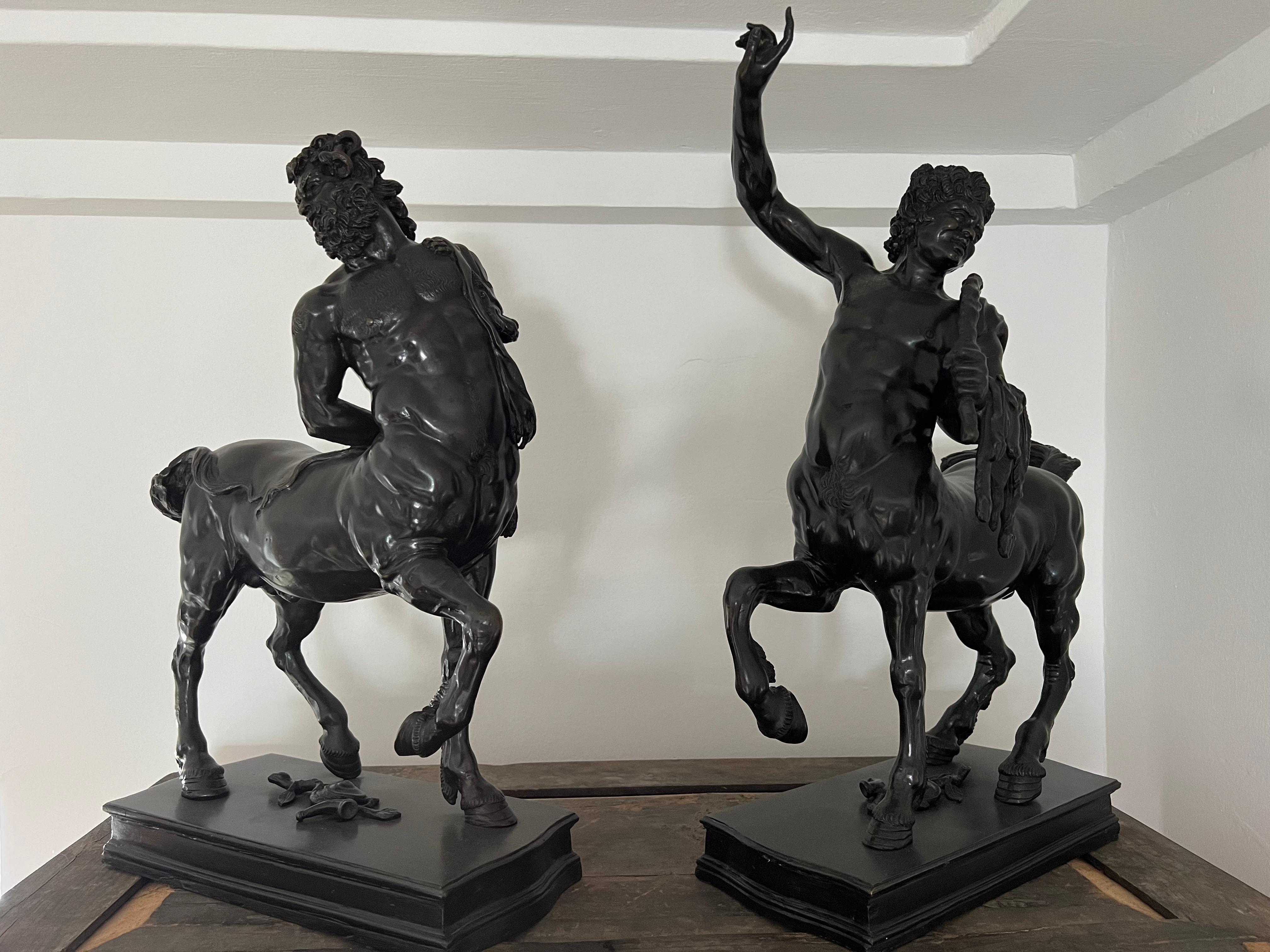 Beautifully cast bronze copies of the Furietti Centaurs, one elder and one younger. Each is mounted on a bronze base and both are unsigned with no foundry marks. These bronzes are copies of the two Roman (or Hellenistic) monumental marble versions