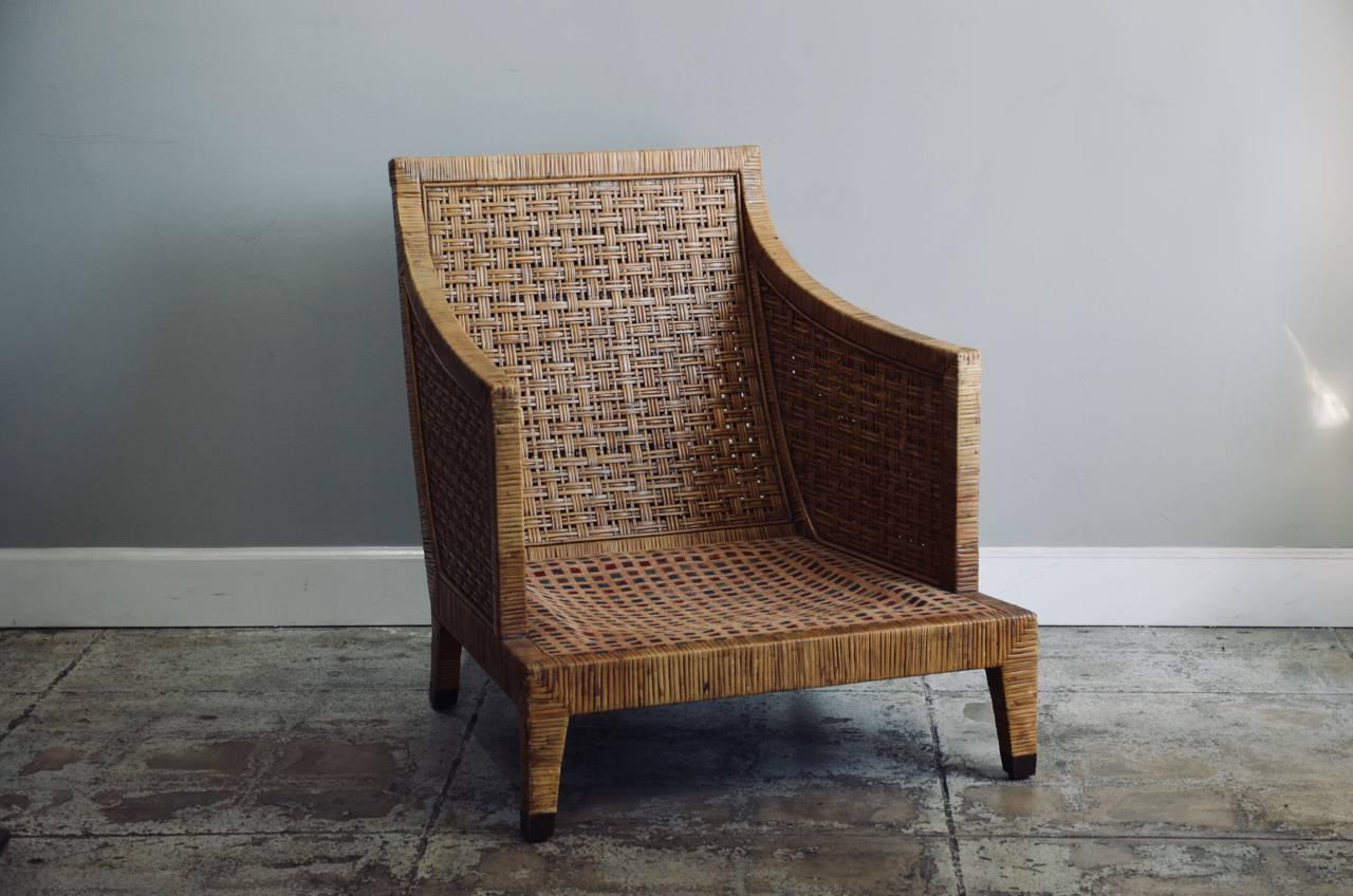 Neoclassical Impressive Pair of Caned Lounge Chairs by McGuire