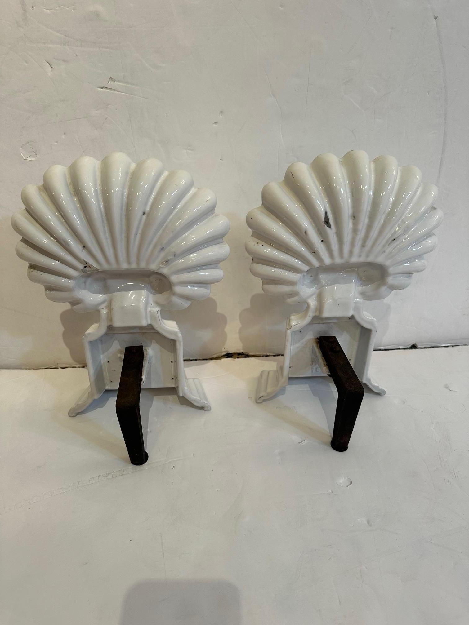 Mid-20th Century Impressive Pair of Cast Iron Enameled Shell Motif Sculptures For Sale