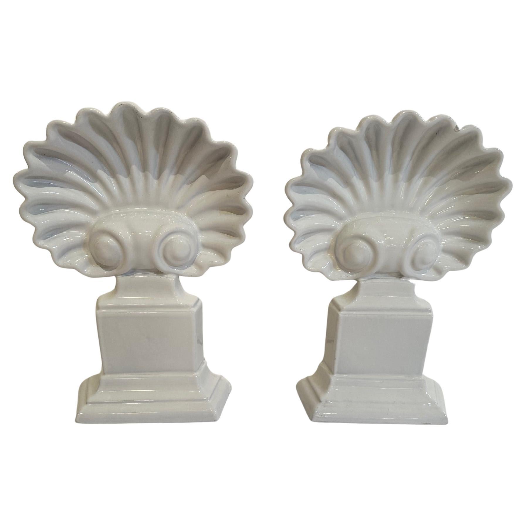 Impressive Pair of Cast Iron Enameled Shell Motif Sculptures For Sale