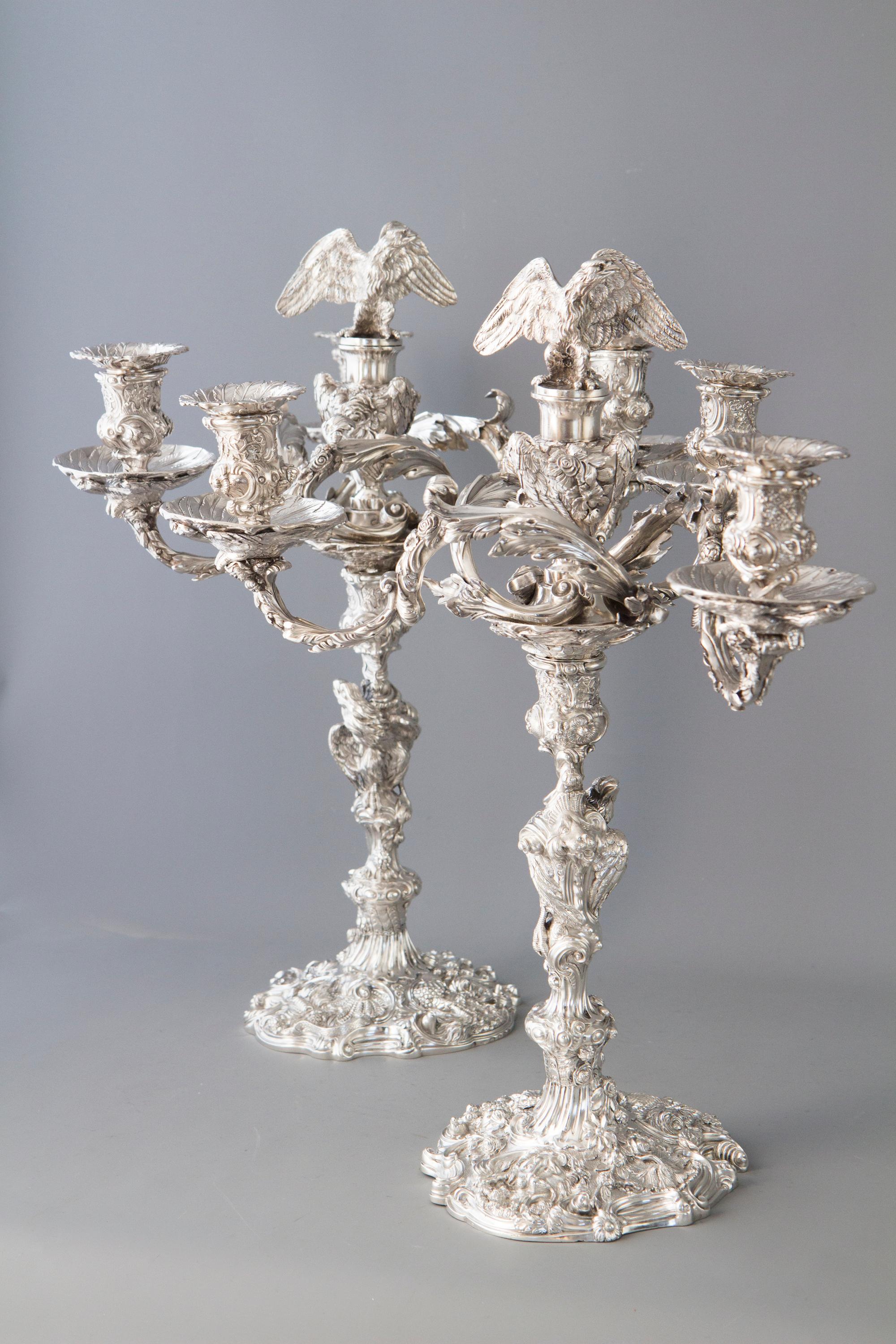 George III Impressive Pair of Cast Silver Four-Light Candelabra, London 1812 by W Pitts