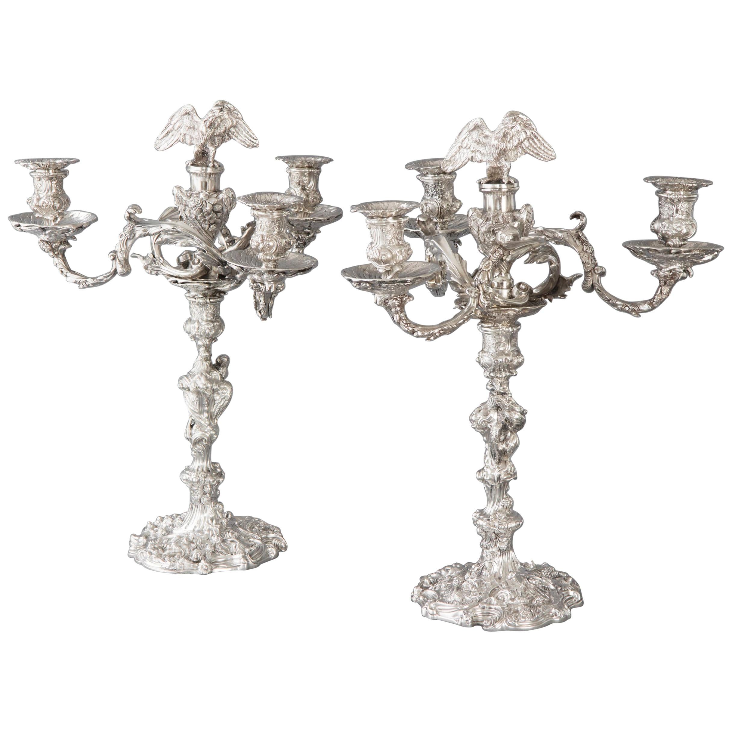 Impressive Pair of Cast Silver Four-Light Candelabra, London 1812 by W Pitts