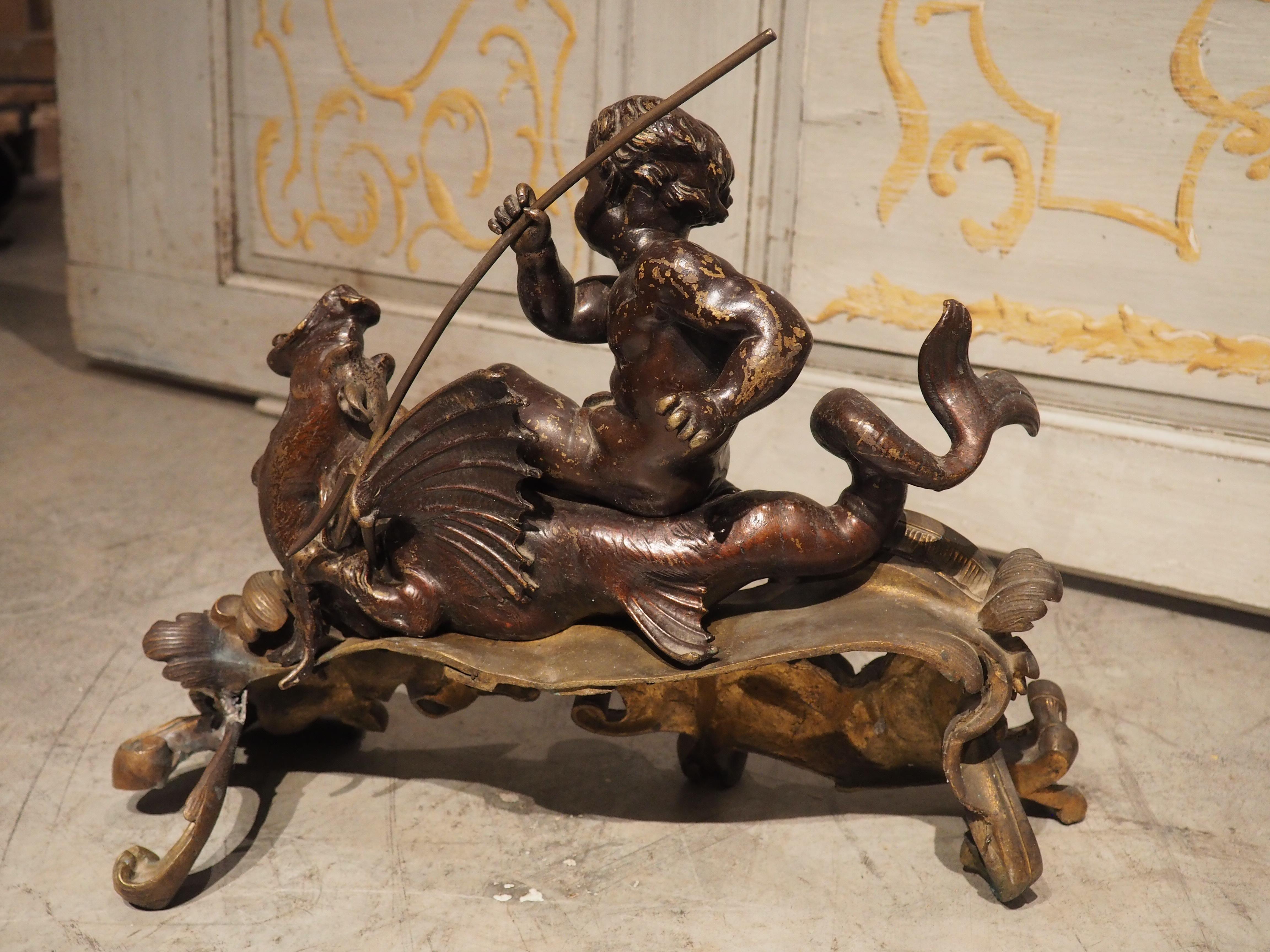 Impressive Pair of circa 1850 French Bronze Chenets with Putti and Dragons For Sale 13