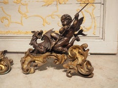 Impressionnante paire de Chenets en bronze français vers 1850 avec Putti et Dragons