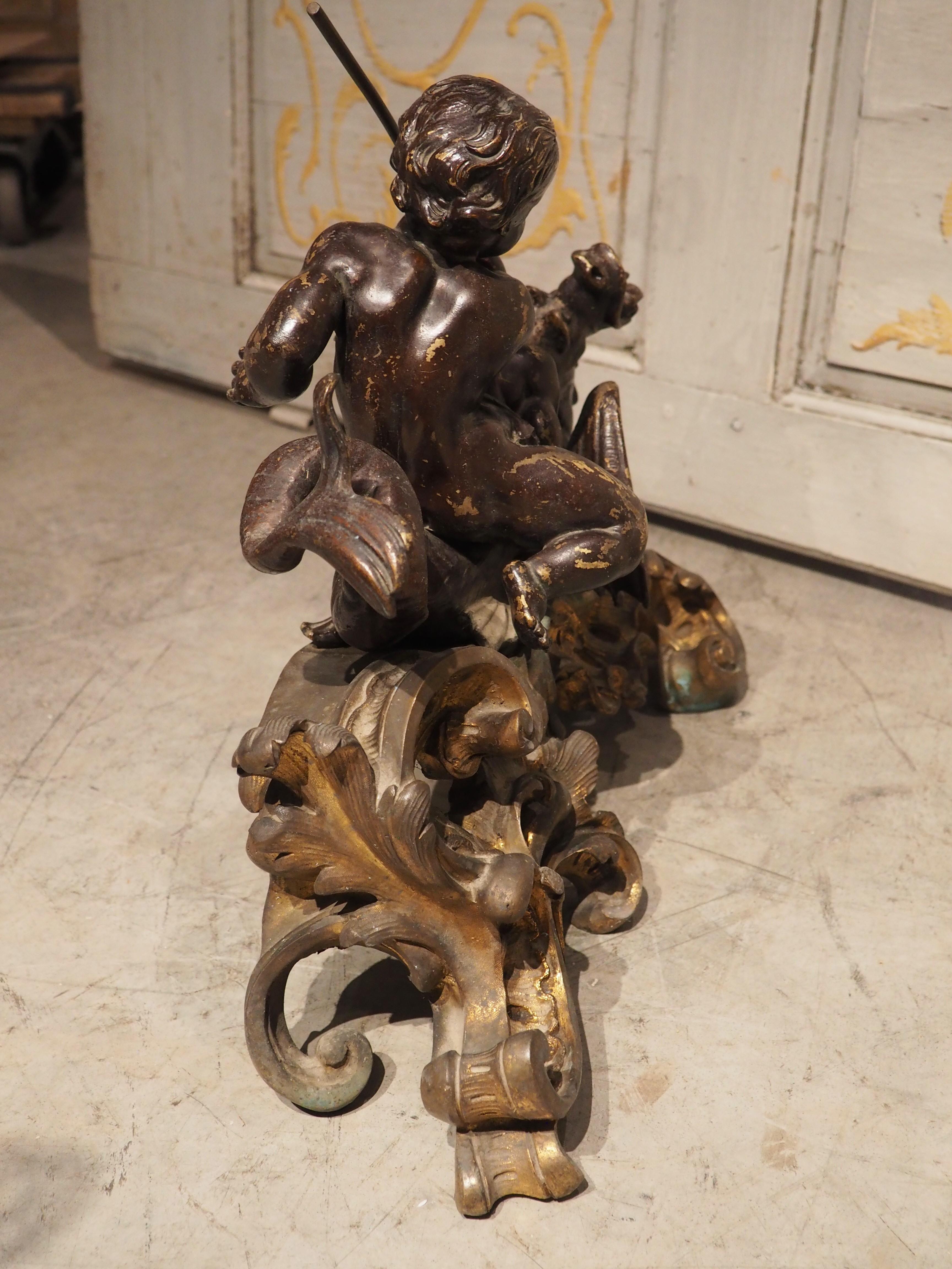 Impressive Pair of circa 1850 French Bronze Chenets with Putti and Dragons For Sale 14