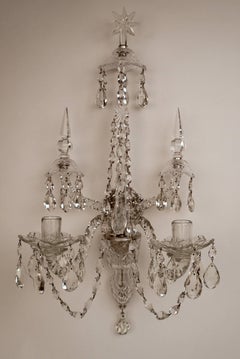 Impressive Pair of Classic English Georgian Cut Crystal Two-Light Sconces
