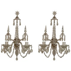 Impressive Pair of Classic English Georgian Cut Crystal Two-Light Sconces