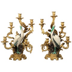 Impressive Pair of Continental Gilt Bronze-Mounted Porcelain Candelabra