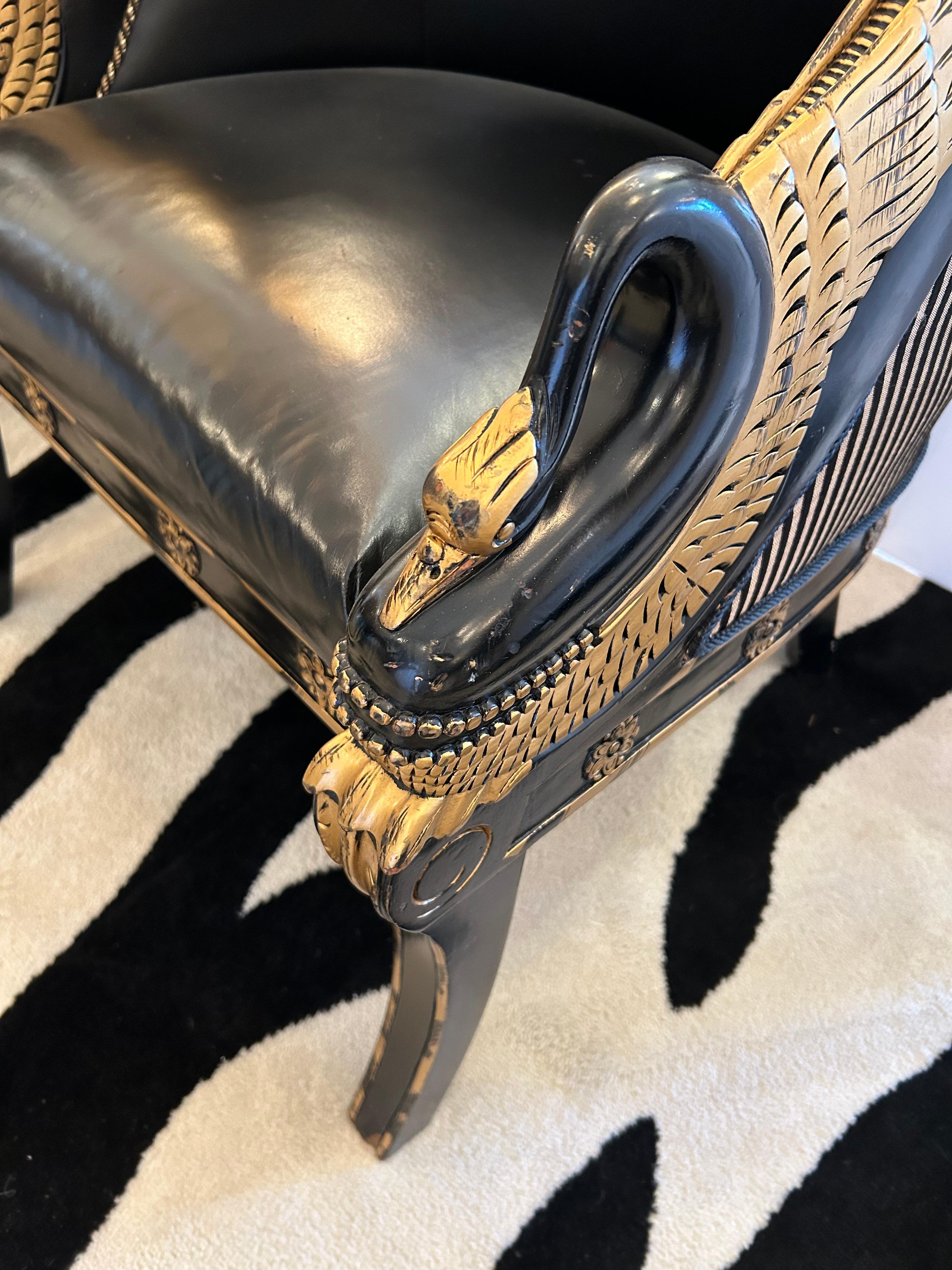Impressive Pair of Empire Black Leather & Gilded Club Chairs For Sale 7