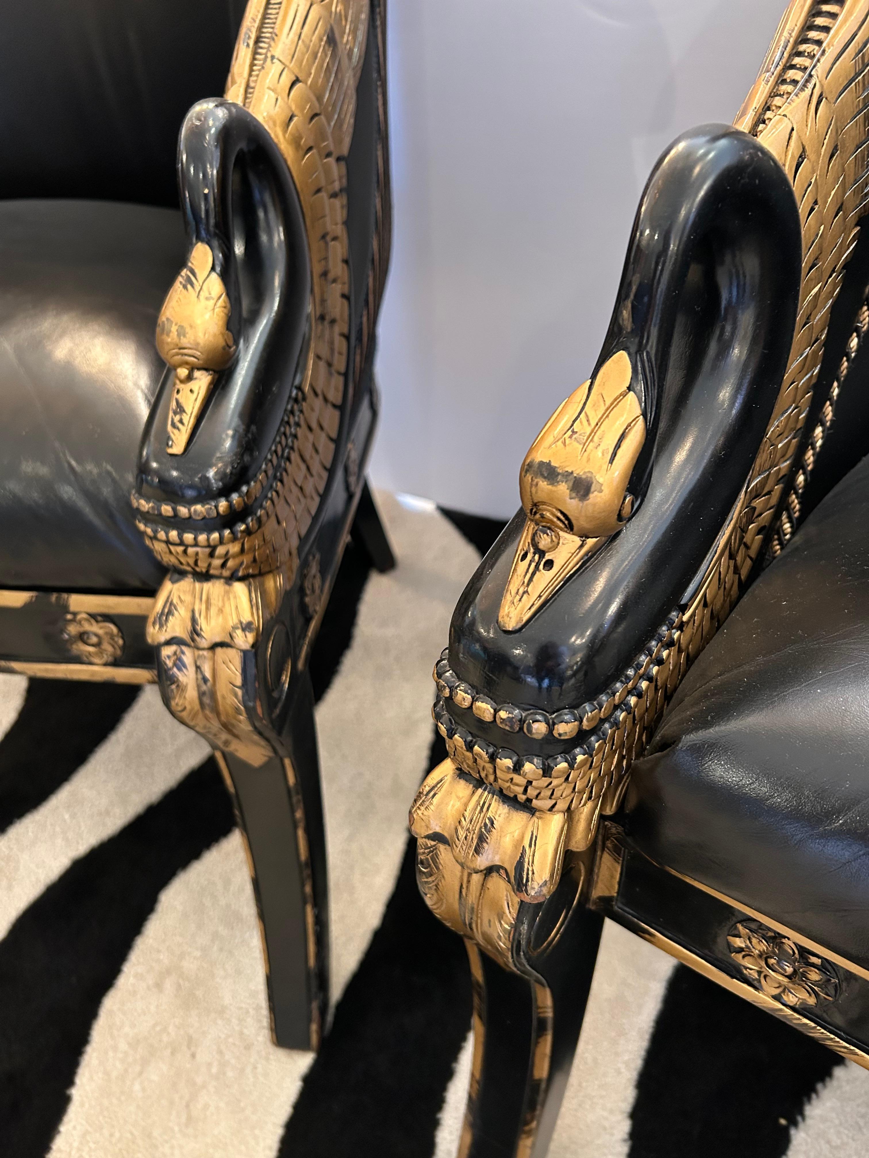 Impressive Pair of Empire Black Leather & Gilded Club Chairs For Sale 8