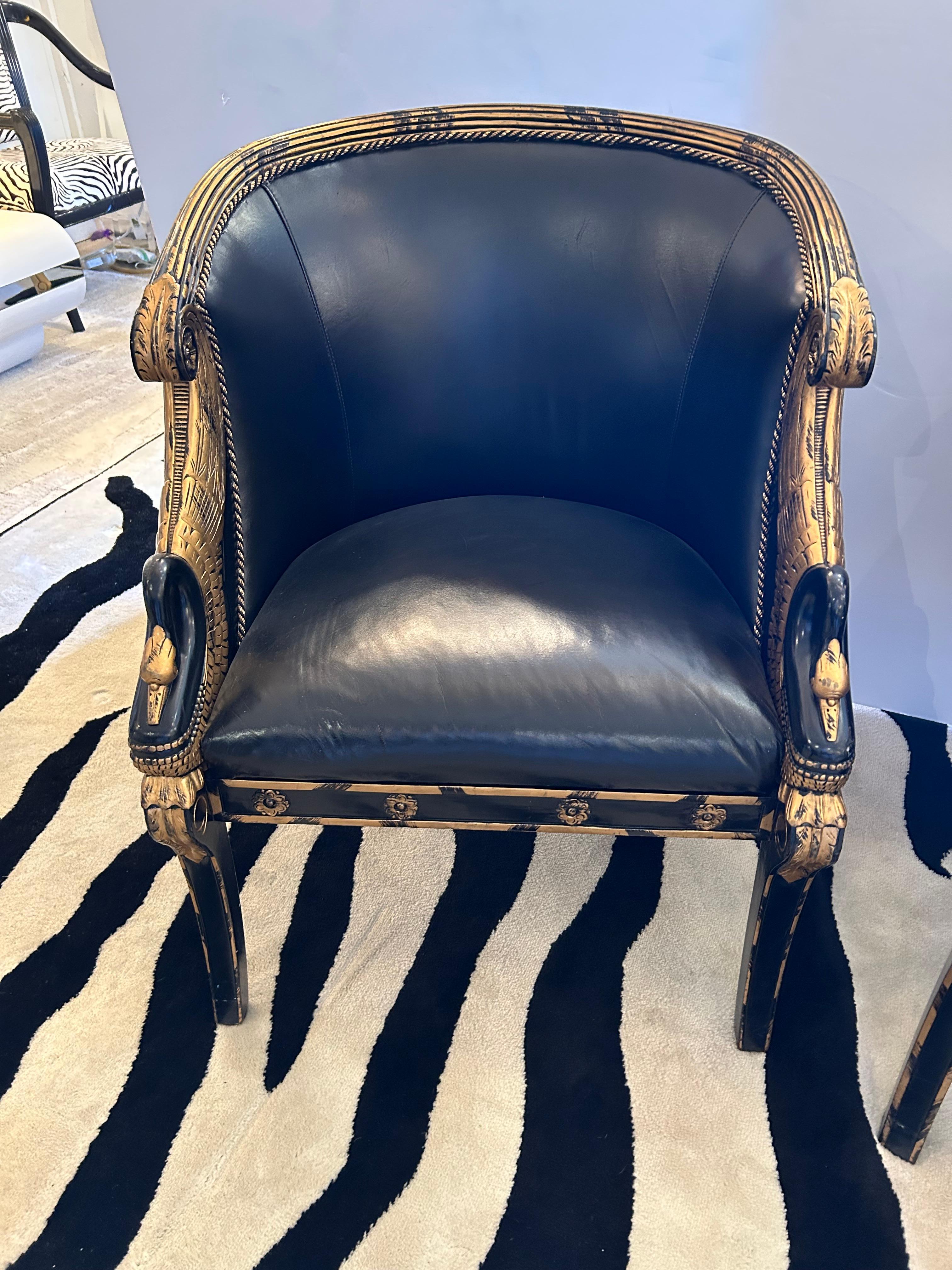 American Impressive Pair of Empire Black Leather & Gilded Club Chairs For Sale