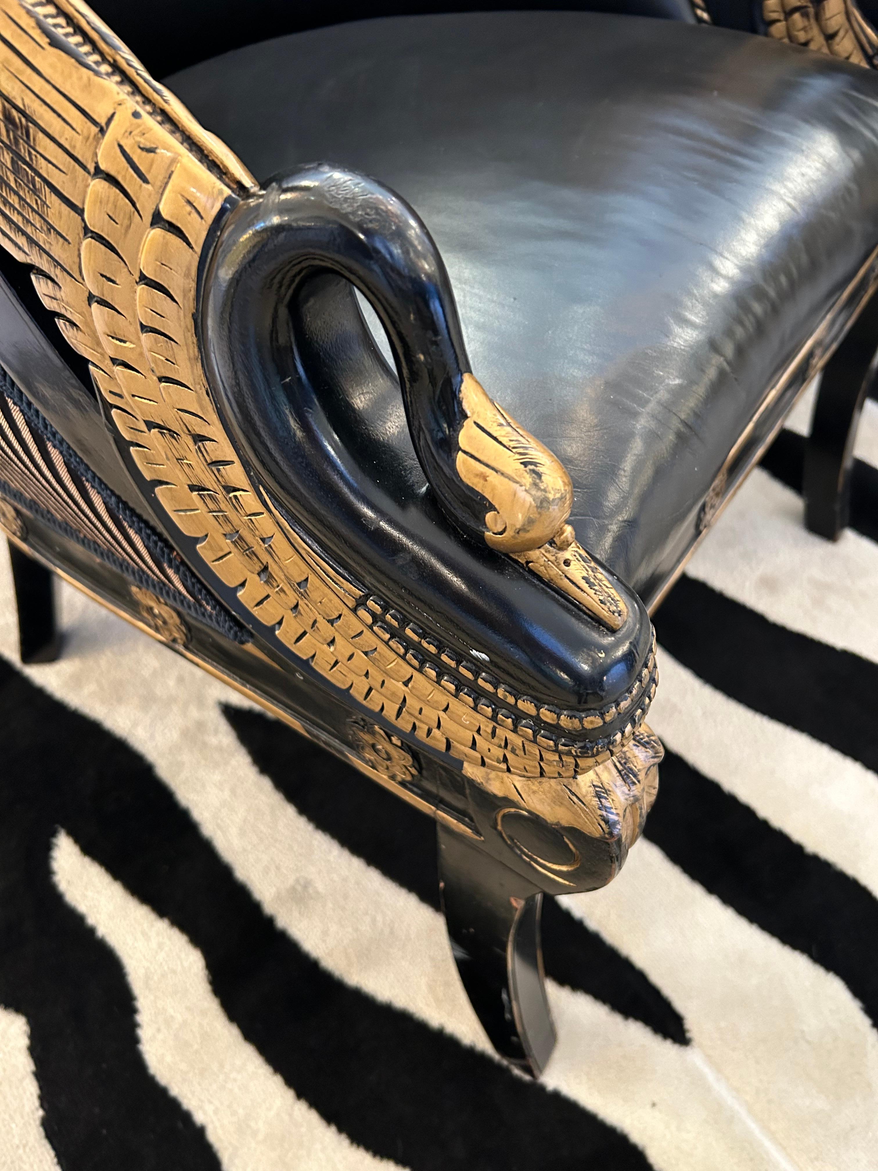 Late 20th Century Impressive Pair of Empire Black Leather & Gilded Club Chairs For Sale