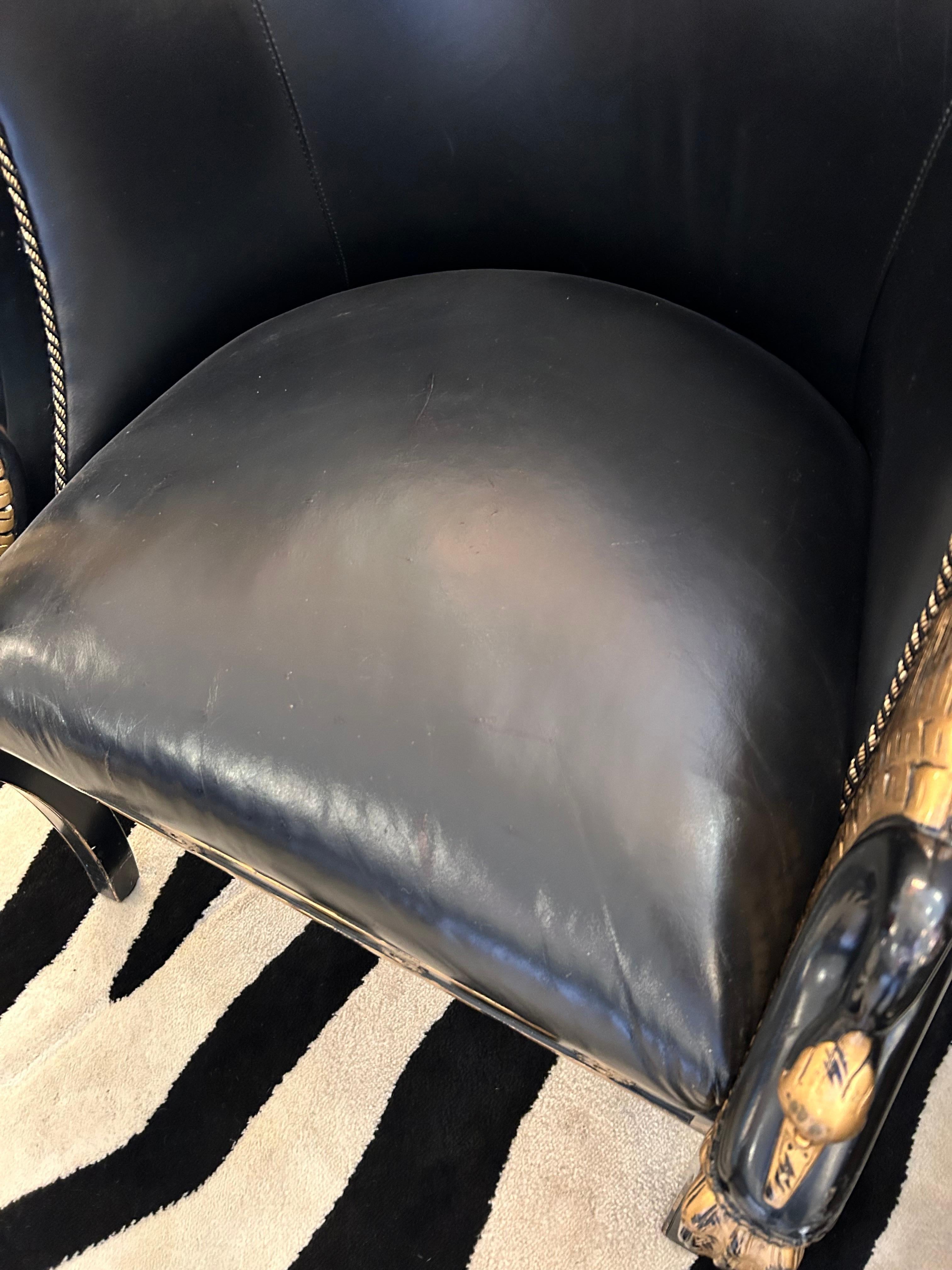 Impressive Pair of Empire Black Leather & Gilded Club Chairs For Sale 2