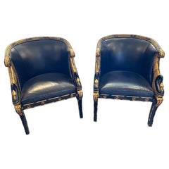 Impressive Pair of Empire Black Leather & Gilded Club Chairs