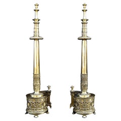 Impressive Pair of English Regency Brass Firedogs with Aethenian Leaves