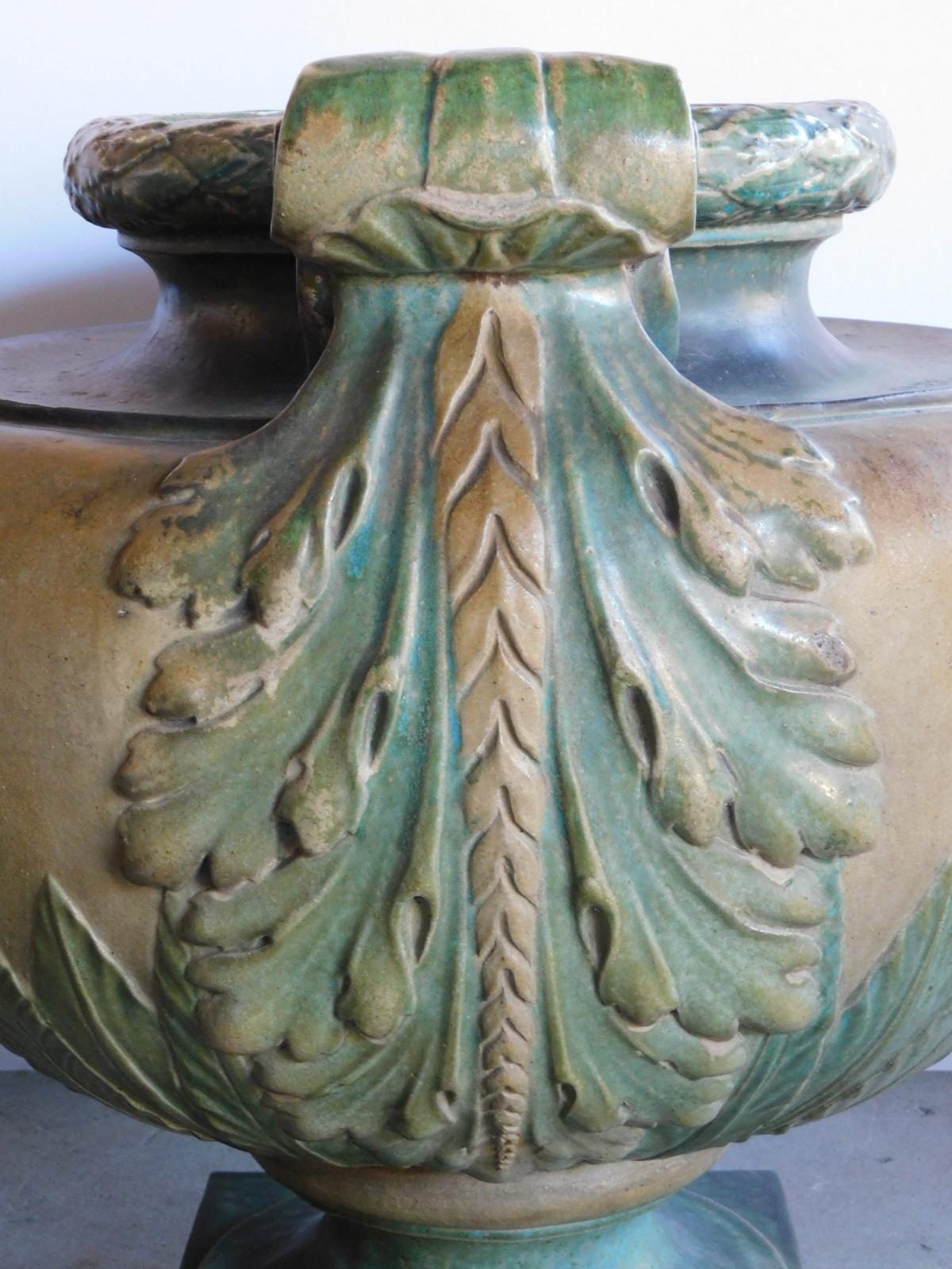 Impressive Pair of French Glazed Earthenware Urns, Signed 'Emile Muller, Paris' For Sale 1