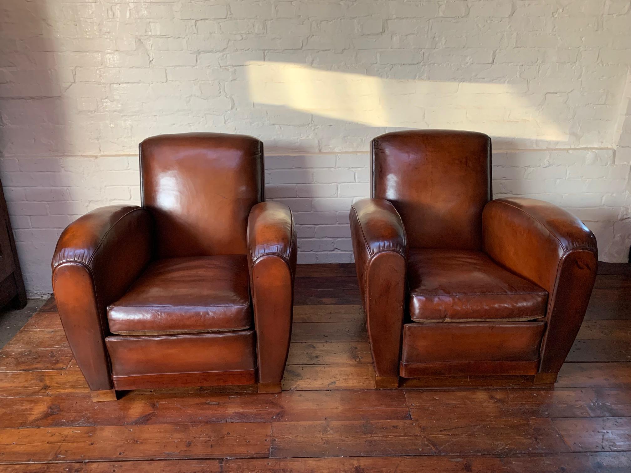 Art Deco Impressive Pair of French Leather Club Chairs, Attributed to Jacques Adnet