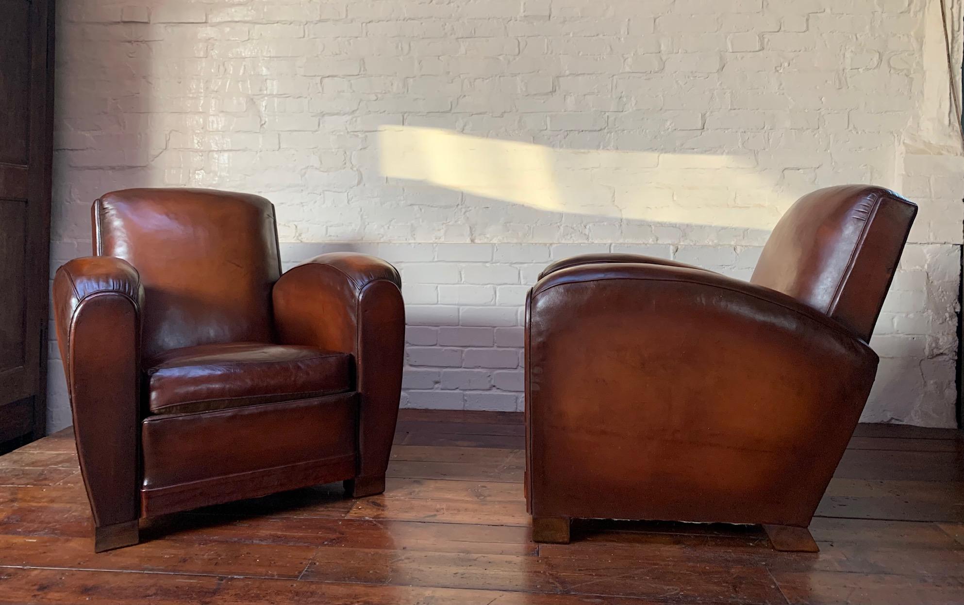 Impressive Pair of French Leather Club Chairs, Attributed to Jacques Adnet In Excellent Condition In Hastings, GB